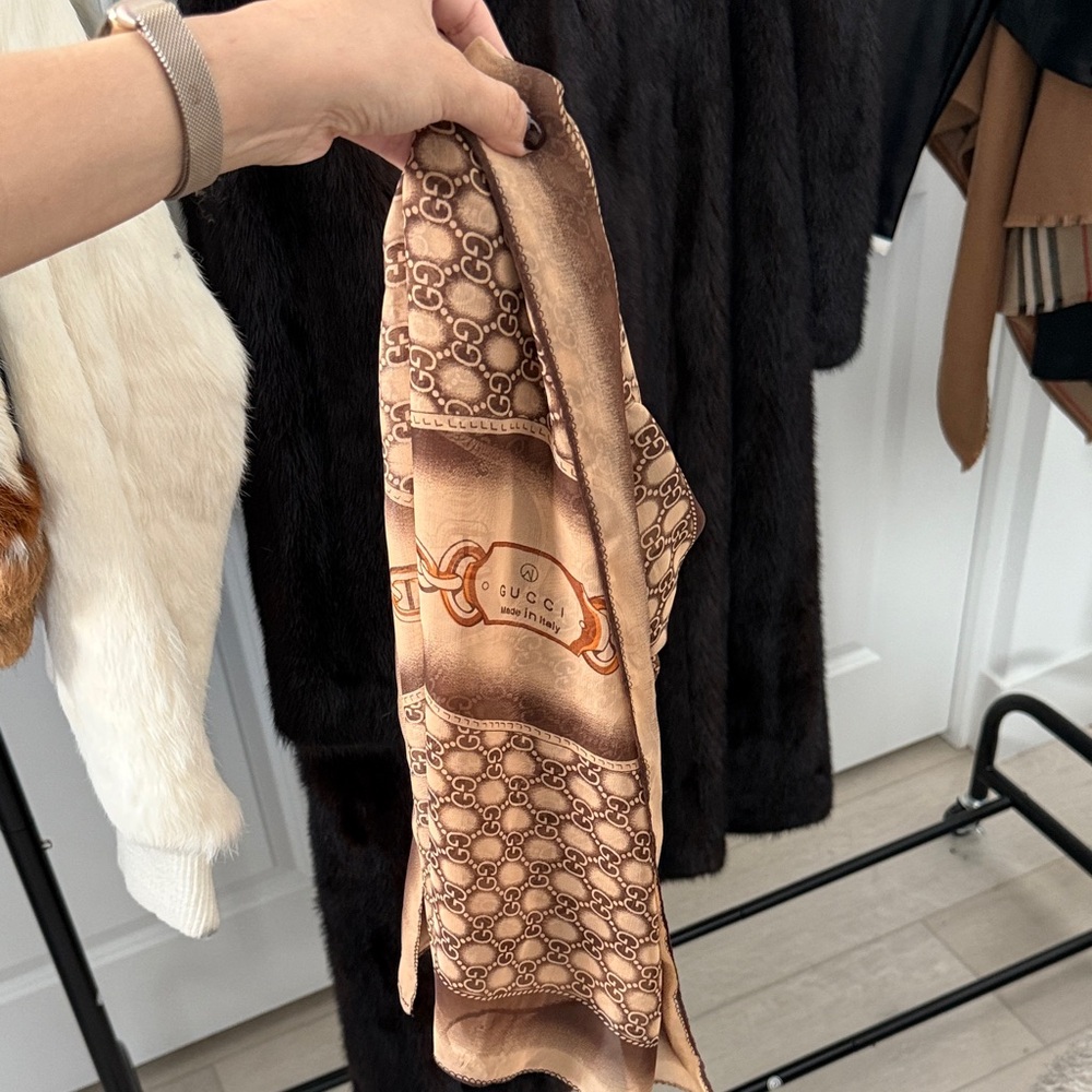 Gucci Tan Silk Scarf with Signature Pattern